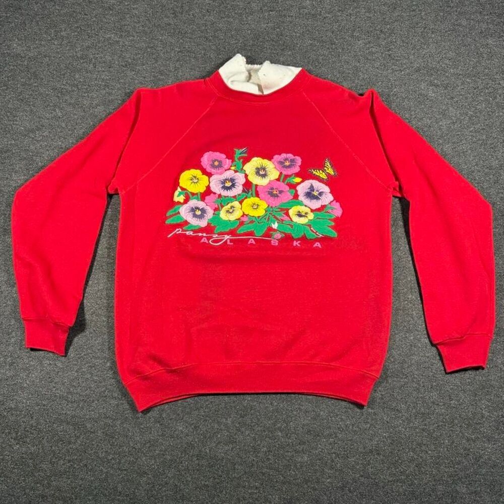Vintage 80s Hanes Alaska Pansy Floral Graphic Double Collar Raglan Crewneck L